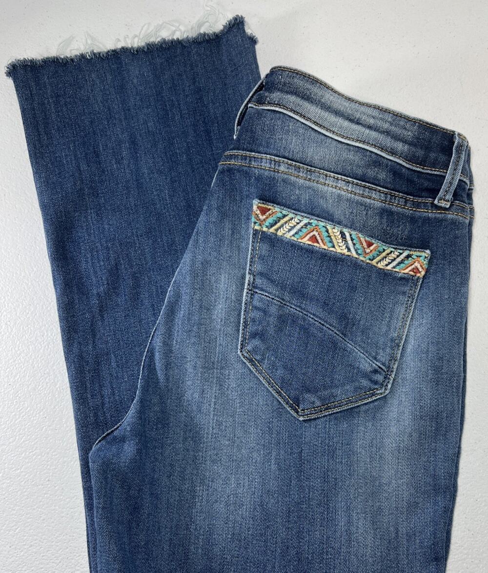 Driftwood Kelly Jeans Womens 29 Bootcut Embroidered Aztec Boho Frayed Hem